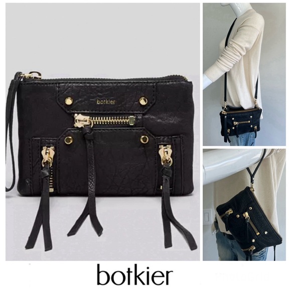 BOTKIER Logan Convertible Wristlet Black Pebbled Leather Shoulder Bag Crossbody - Picture 1 of 16